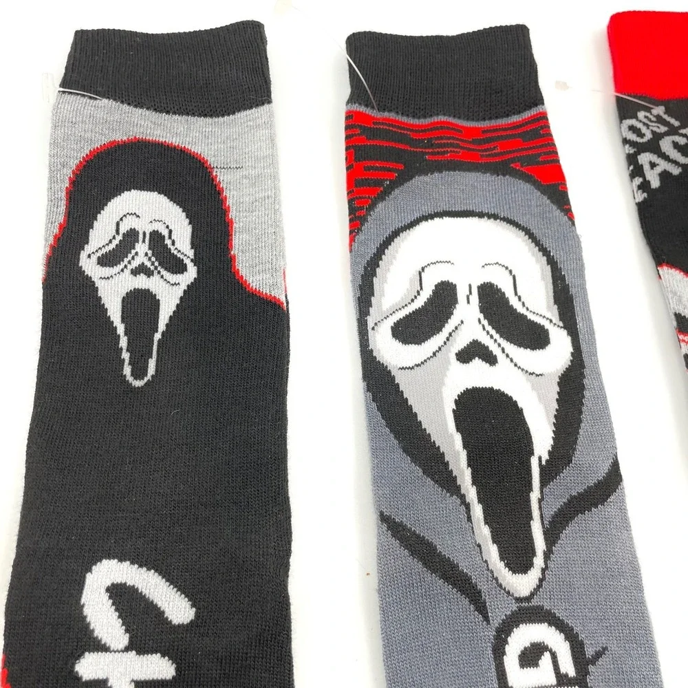 NEW Ghost Face Scream Crew Socks Lot 3 Pairs Fun World Horror Black Red Gray